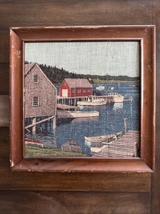 Vintage R. Batchelder Linen Print MCM New England Harbor Boats Maritime 16”x16” - Picture 1 of 12