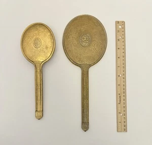Antique Gold Tone Floral Embossed Handheld Metal Brush and Mirror Set (2) B-5. - Picture 1 of 8