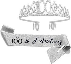 FUNSACHY 100. Geburtstag Schärpe & Strass Diadem Set, 100 Jahre alt Silber - Bild 1 von 7