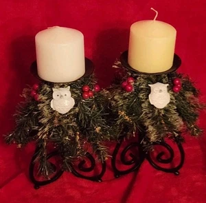 Vintage Pair Black Cast Iron Candlesticks w/ Owls & Greenery - Picture 1 of 8