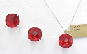 Checkerboard 22.18 Cts RUBY EARRINGS & PENDANT SET 14k WHITE GOLD - MADE IN USA