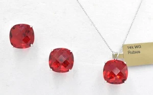 Checkerboard 22.18 Cts RUBY EARRINGS & PENDANT SET 14k WHITE GOLD - MADE IN USA - Picture 1 of 4