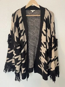 Cárdigan abierto de gran tamaño Eesome Anthropologie tostado negro flecos suéter boho M/L - Imagen 1 de 7