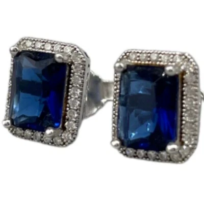 Orecchini Donna bottone Rettangolari Cristallo blu puntiluce Argento 925 Firmati - Immagine 1 di 4