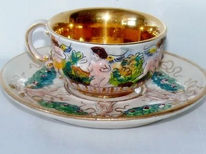 Antike Capodimonte Italienische Majolika Tasse & Untertasse Italy Akt Gold Cherub Signiert - Bild 1 von 9