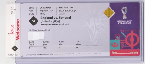 World Cup Souvenir Ticket Match number #51 England Vs Senegal Cover