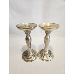 2 Pottery Barn Pillar Candle Holders 8" Weighted Leaves Grapes Design Pewter(?) - Picture 1 of 13