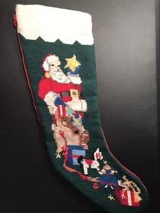Christmas Needlepoint Stocking Vintage Santa w/ Toys Felt Back   - Picture 1 of 5