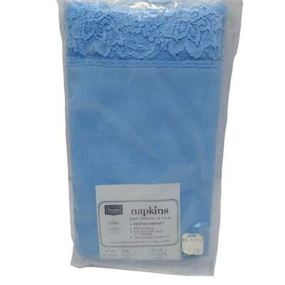 Sears Perma-Prest Slate Blue Napkins with lace 17x17 Set of 4 Antique Vintage - Image 1 of 4