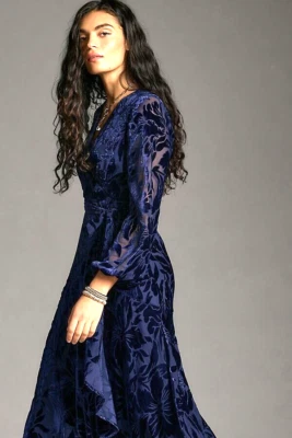 New Anthropologie Hutch Long-Sleeve Velvet Wrap Maxi Dress Burnout Navy size MP - Image 1 of 4