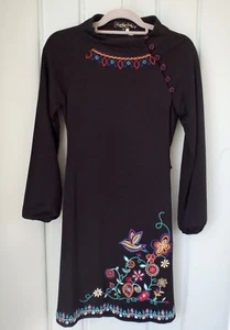 LuLuVia Womens Small Black Embroidered Ethnic Boho Stretch Dress Bird Floral - Picture 1 of 9