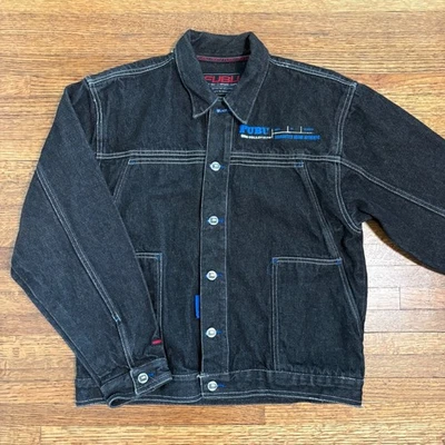 FUBU Denim Jacket Mens L Vintage 90s Black Embroidered Hip Hop Streetwear Y2K - Image 1 of 4
