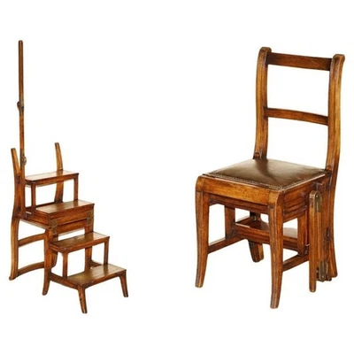 SILLA METAMÓRFICA VICTORIANA CIRCA 1880 CAOBA, CUERO Y LATÓN ESCALONES DE BIBLIOTECA Foto 1 de 4