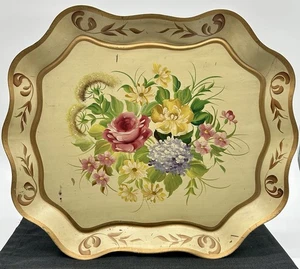 Vintage Creme und Gold Tole handbemalt Metall Tablett Rosen Floral groß - Bild 1 von 7