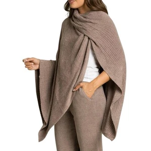 Barefoot Dreams CozyChic Lite Knit Wide Rib Travel Wrap Poncho In Driftwood OS - Picture 1 of 9