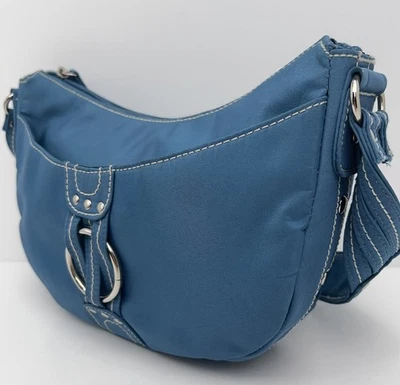 CATO Shoulder Purse Small Nylon Crescent Hobo Handbag Silver Buckle Stitch Teal - Image 1 of 4