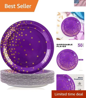 Platos de papel a lunares morados y dorados de 50 unidades - Elegantes elementos esenciales para fiestas de 7 pulgadas Foto 1 de 4