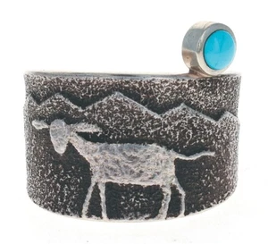 Tufa Cast Lamb Scene Ring With Natural Sleeping Beauty Turquoise - Picture 1 of 5