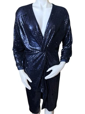 Anthropologie Women's Navy Blue Twist-Front Sequin Wrap Sheath Dress Size 10P - Image 1 of 4