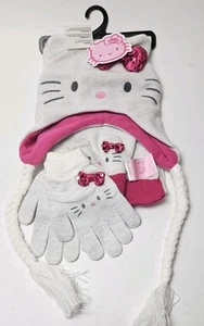 Hello Kitty Knit Girls Beanie Hat, Gloves & Scarf Set Sparkled White w Pink NWT - Picture 1 of 9