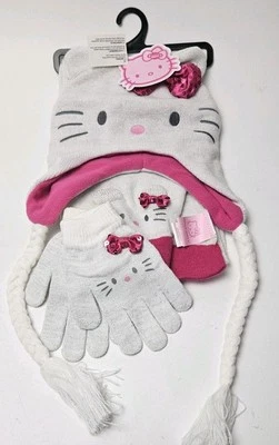 Hello Kitty Knit Girls Beanie Hat, Gloves & Scarf Set Sparkled White w Pink NWT - Image 1 of 4