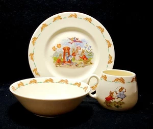 Royal Doulton Bunnykins 3 Piece Set:  Air Mail Plate,  Bowl & Cup, England, - Picture 1 of 20