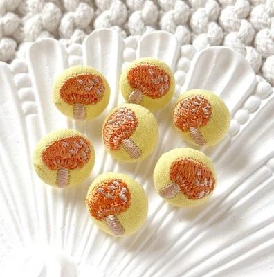 5pcs 12mm Light yellow orange mushroom embroidered fabric covered shank buttons - Image 1 of 3