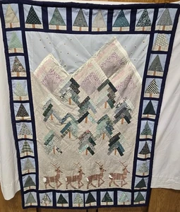 Handmade Xmas Winter Primitive Deer Pine Tree Wall Hanging Quilt 38"x52" Cottage - Picture 1 of 13