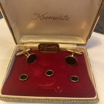 Krementz Art Deco 14k 覆盖带黑色珐琅燕尾服耳钉带袖口链接 — 第 1/4 张图片