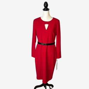 Calvin Klein Sheath Dress Size 12 Belted Cutout Front Red Vibrant Bold Office - Picture 1 of 12