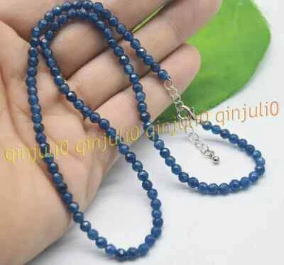 Faceted 4mm Natural Blue ink Kyanite Round Beads Gemstone Necklaces Silver Clasp Foto 1 de 3