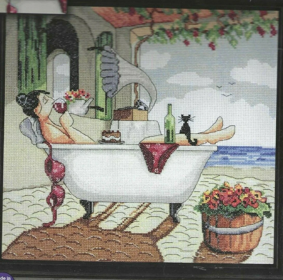 MI DÍA LIBRE--Dama sumergida en una bañera--Vino--Música--Gato--KIT de punto de cruz contado Foto 1 de 1