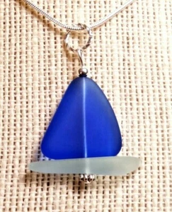 SAILBOAT handmade Sea glass jewelry COBALT BLUE w PALE AQUA hull pendant  - Picture 1 of 2