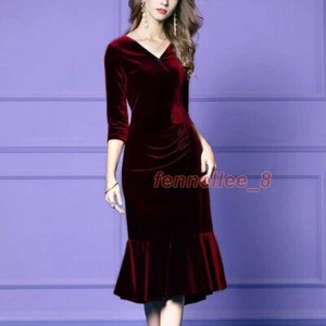 Ladies Velvet Midi Dress Long Sleeve V-neck Bodycon Solid Party Club Fit - Picture 1 of 23