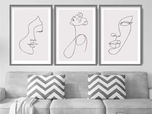 Set of 3 Prints - Silver Effect - Line Art Female Faces Grey Pictures Wall Art - Picture 1 of 5
