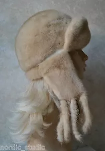 GENUINE MINK real FUR HAT with EARS and POMPOMS, Ivory Beige, 22" - Bild 1 von 12