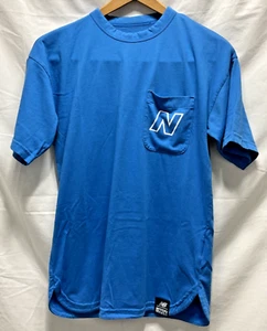 NB New Balance Stretch Blue Pocket T Shirt Unisex size  Small Round Slit Hemline - Picture 1 of 20