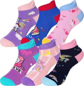 6 Pairs Girls Ankle Socks Unicorn Pattern Non Slip Cotton Socks (5-8Y) - Picture 1 of 6