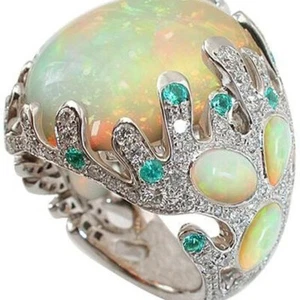 Opal Engagement Ring for Women 925 Sterling Silver Cocktail Jewelry Handmade New - Picture 1 of 3