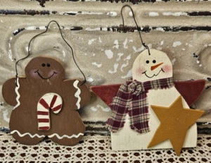 Pair of Signed 2004 Folk Art Wooden Christmas Ornament Snowman & Gingerbread Man - Picture 1 of 6