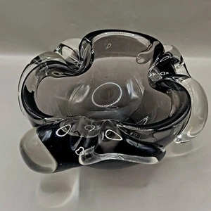 Vintage Hand Blown Art Glass Ashtray Trinket Dish Smokey Grey 5x3" - Picture 1 of 6