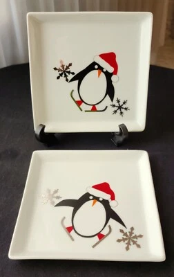 2 Crate & Barrel 6" Holiday PENGUIN Appetizer Plates Christmas Side Dish Dessert - Image 1 of 4