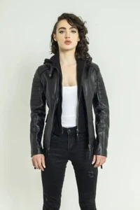 WOMENS STYLISH WINTER GENUINE LEATHER JACKET WITH FLEECE HOOD - Picture 1 of 4
