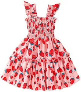 Baby Girl Strawberry Dress Ruffle Sleeve Twirly Tiered Smocked Sundress Toddl... - Picture 1 of 7