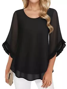 Women's 3/4 Ruffle Sleeve Tops Elegant Chiffon Shirt Blouses - Picture 1 of 17