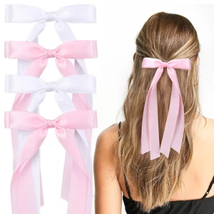 4PCS Hair Bows for Women Girls, White Pink Satin Tassel Hair Ribbon Bowknot Hair - Picture 1 of 12