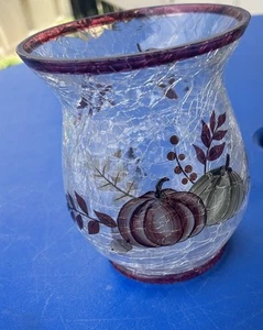 Yankee Candle Crackle Glass Votive Candle Holder. Pumpkin & Foliage Design. A-15 - Picture 1 of 8