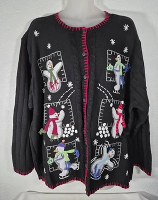 Vtg Quacker Factory Black Button-Up Cardigan Sweater Winter Snowman Size 3X NWT - Image 1 of 4