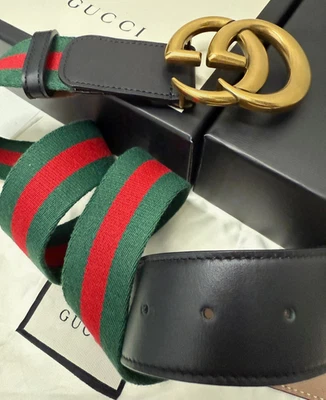 Cinturón Gucci GG Marmont Verde, Rojo WEB Cuero Negro 90 cm Se Ajusta Cintura 30/32 Foto 1 de 4