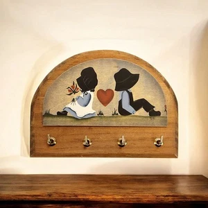 VTG Wood Hand Painted Primitive Folk Art Amish Wall Mounted Key Rack Hook 6.5" - Picture 1 of 14